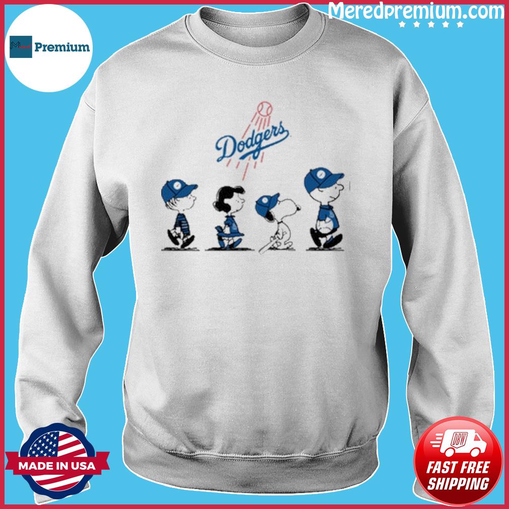 The Dodgers baseball with the peanut character Charlie brown and Snoopy  walking shirt, hoodie, sweater and long sleeve