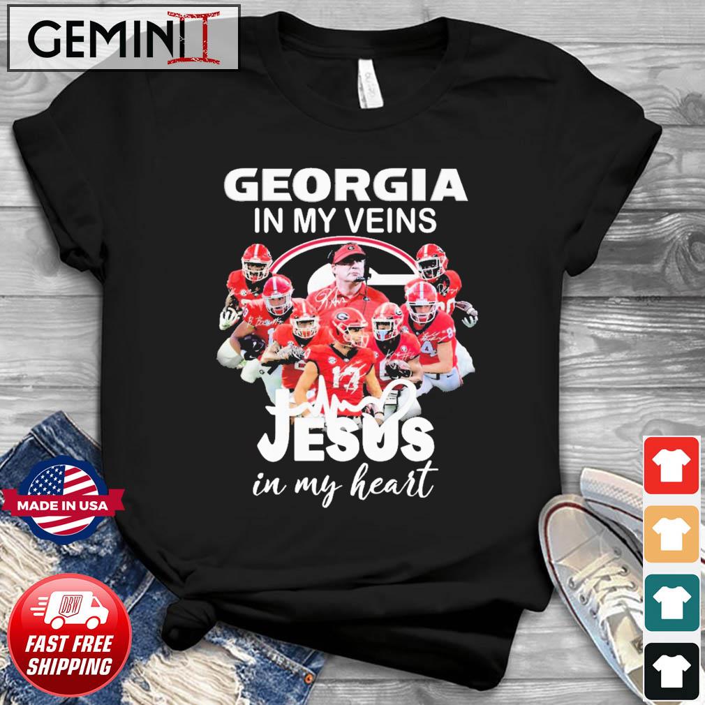 2022 Georgia Bulldogs In My Veins Jesus In My Hearts Signatures Shirt