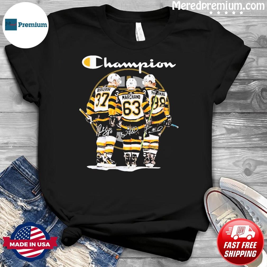 Champion Patrice Bergeron Brad Marchand and David Pastrňák Boston Bruins Signatures Shirt