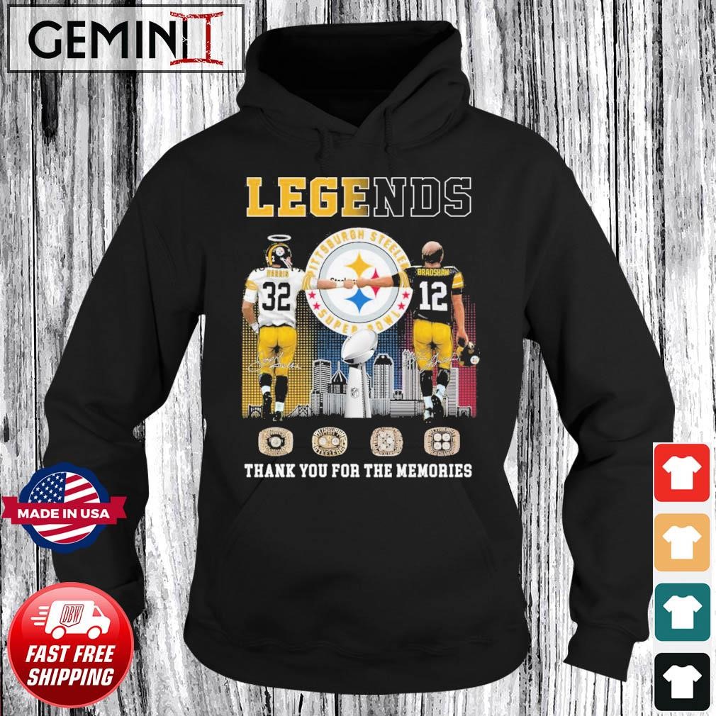 Legend Franco Harris And Terry Bradshaw Pittsburgh Steelers Skyline Thank You For The Memories Signatures Shirt Hoodie.jpg