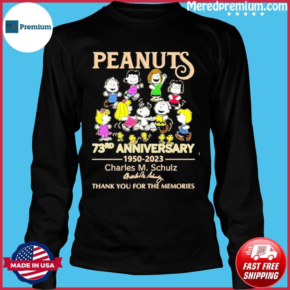 73 Years Of Peanuts 1950 2023 anniversary Charles M Schulz thank you for  the memories signature shirt, hoodie, sweatshirt and tank top