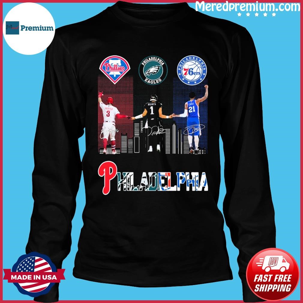 Philadelphia Skyline Philadelphia Phillies And Philadelphia Eagles Bryce  Harper And Jalen Hurts Signatures Shirt, hoodie, sweater, long sleeve and  tank top