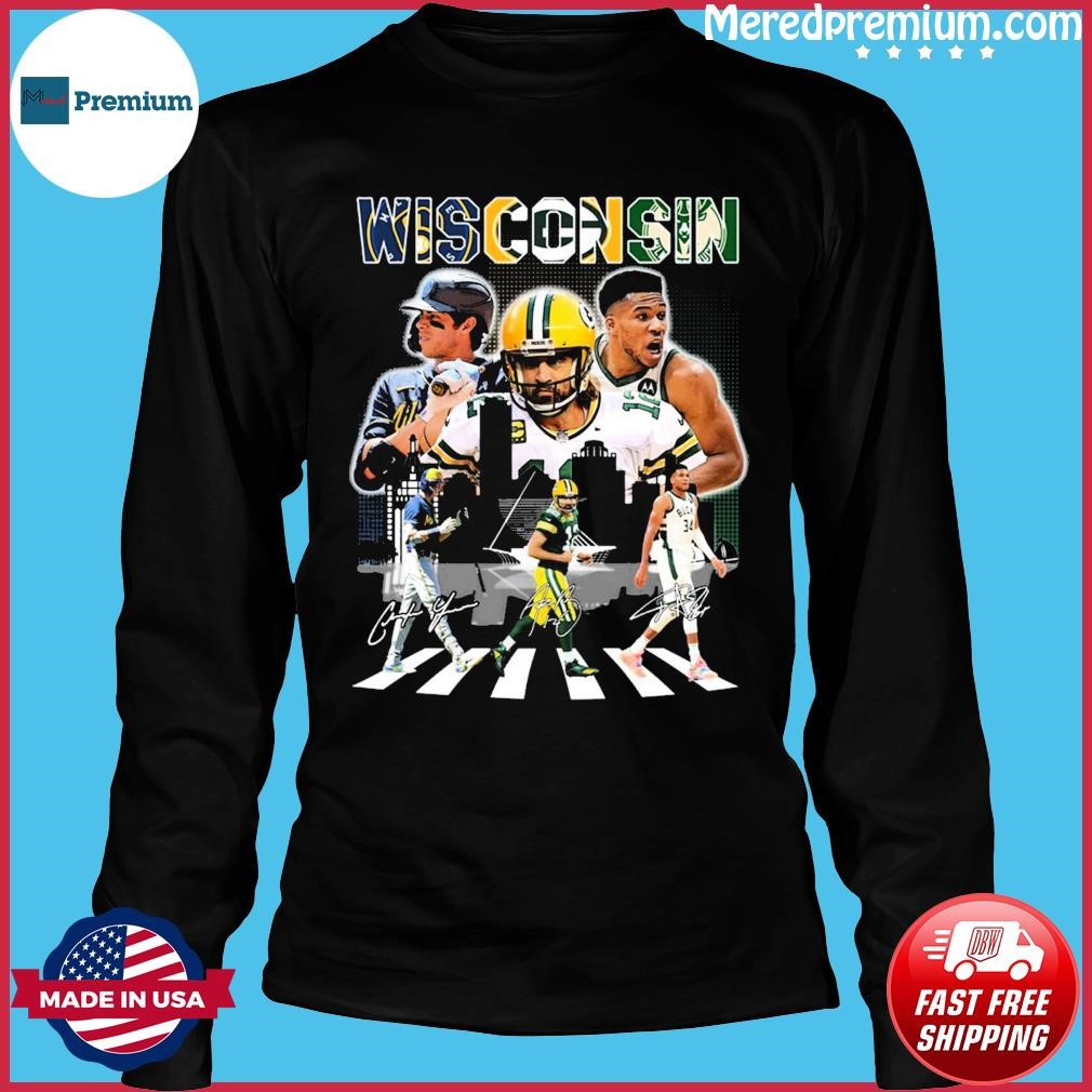 Christian Yelich Giannis Antetokounmpo And Aaron Rodgers Wisconsin Abbey  Road Signatures Shirt - Shibtee Clothing