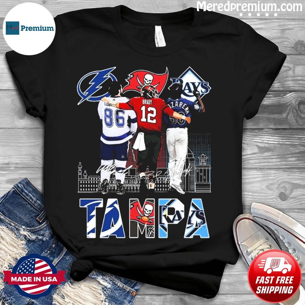 Nikita Kucherov Tom Brady And Randy Arozarena Tampa Skyline Sport  Signatures Shirt, hoodie, sweater, long sleeve and tank top