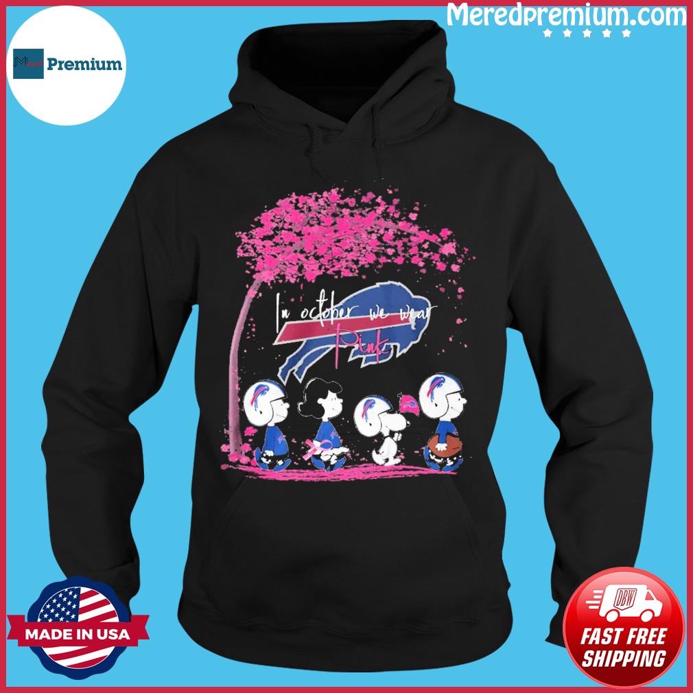 Official Buffalo Bills peanut characters in october we wear pink 2023 T- shirt, hoodie, tank top, sweater and long sleeve t-shirt