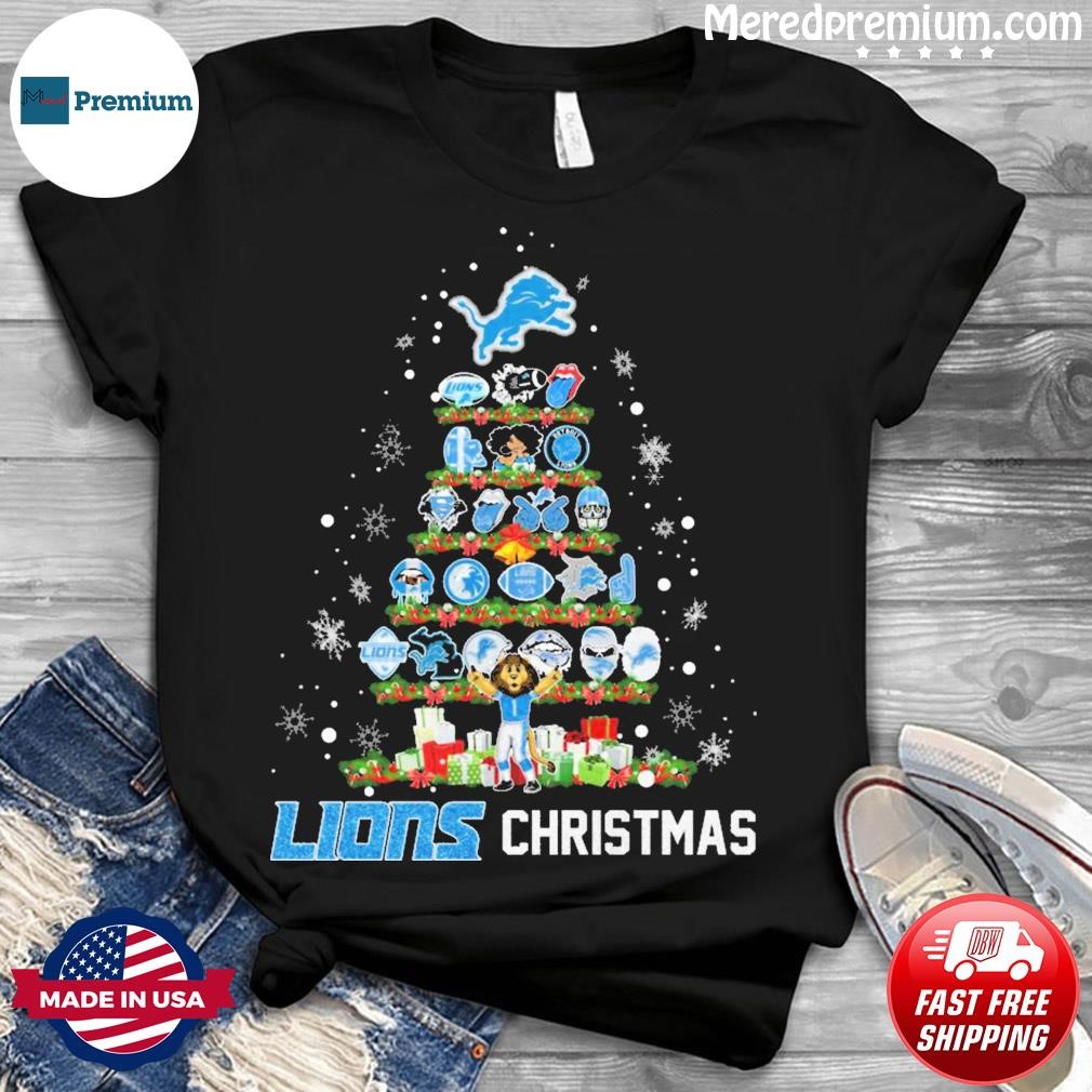 Detroit Lions christmas Funny Black Unisex T Shirt Tree S-3XL