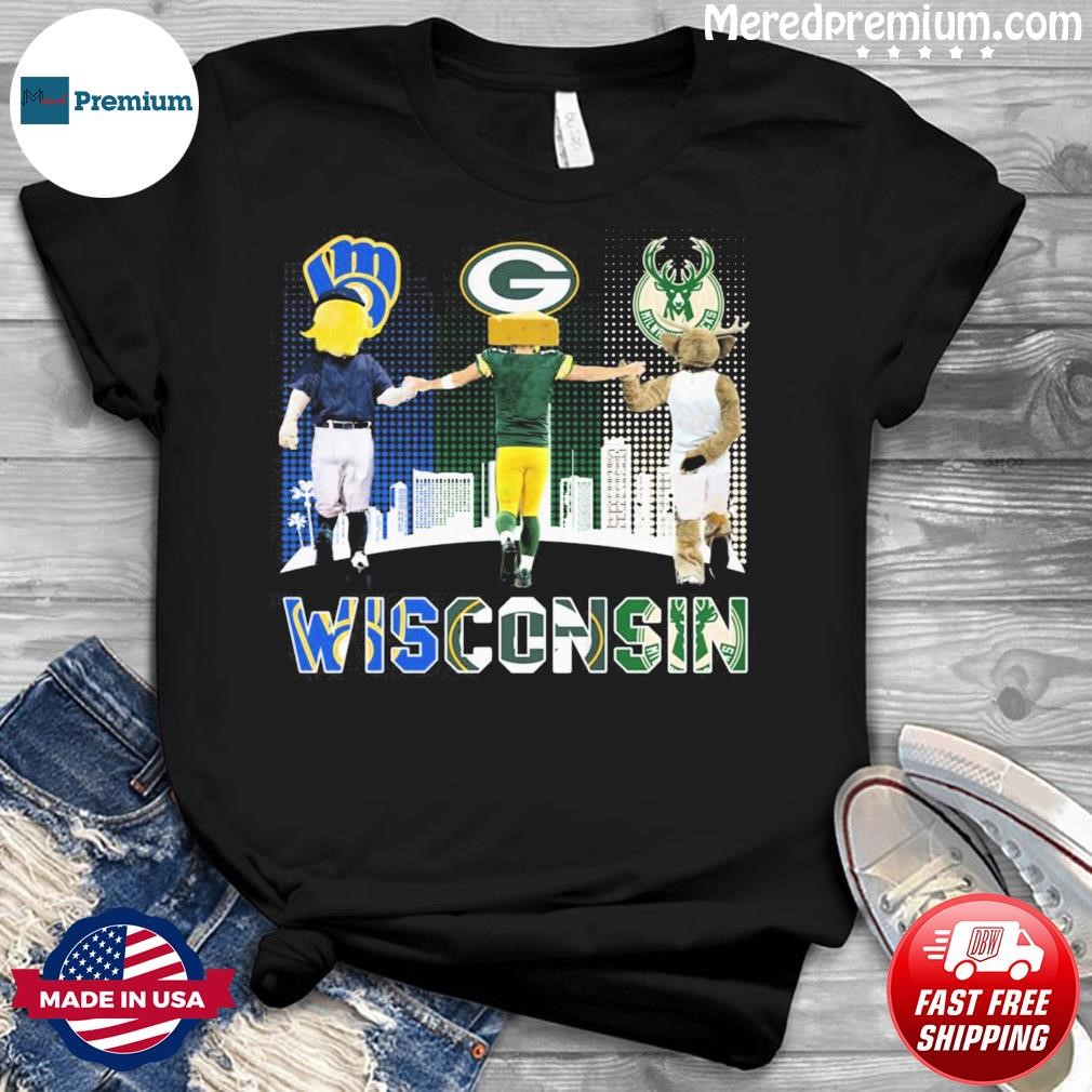 Wisconsin city skyline Milwaukee Brewers Green Bay Packers and Milwaukee  Bucks mascots shirt, hoodie, sweater, long sleeve and tank top