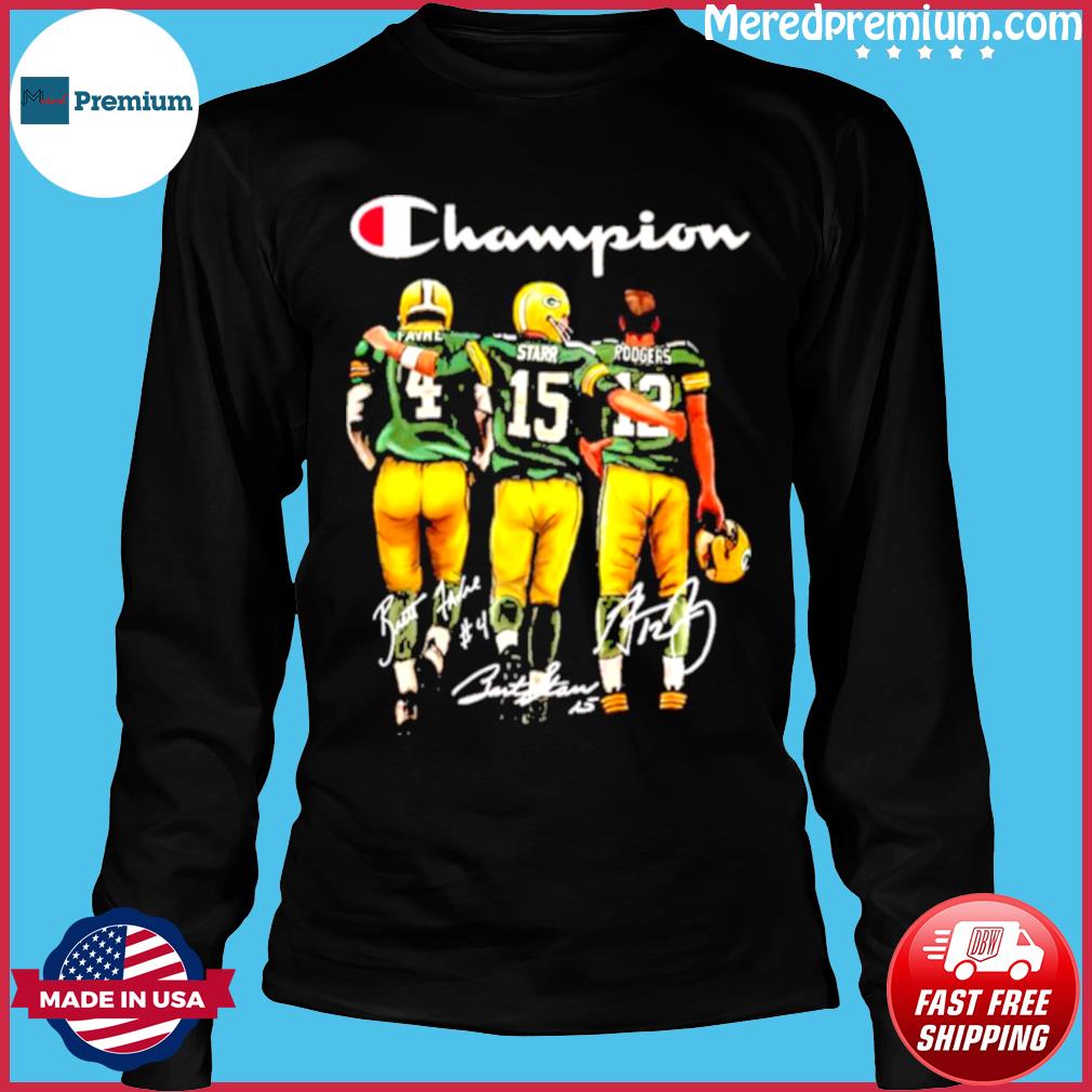 Green Bay Packers Champion Quarterback Brett Favre Bart Starr and Aaron  Rodgers signatures shirt,Sweater, Hoodie, And Long Sleeved, Ladies, Tank Top