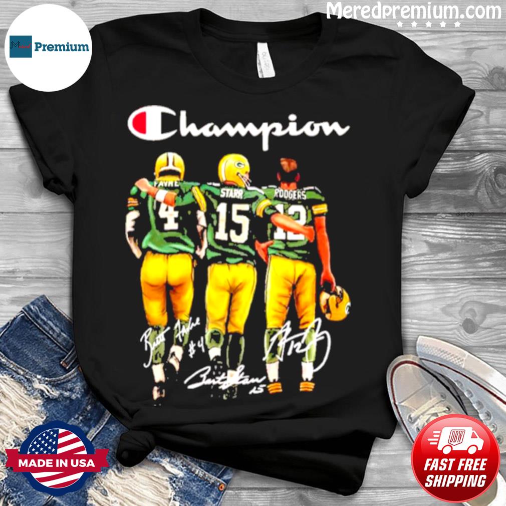 Packers Champion Quarterback Brett Favre Bart Starr and Aaron Rodgers  Signatures T-Shirt